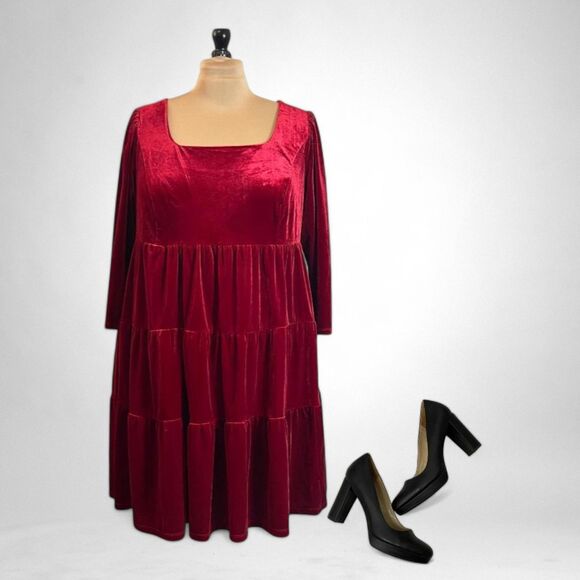 MAISON TARA 3/4 Sleeve Tiered Red Velvet Babydoll Dress, Size 18W - Picture 2 of 8